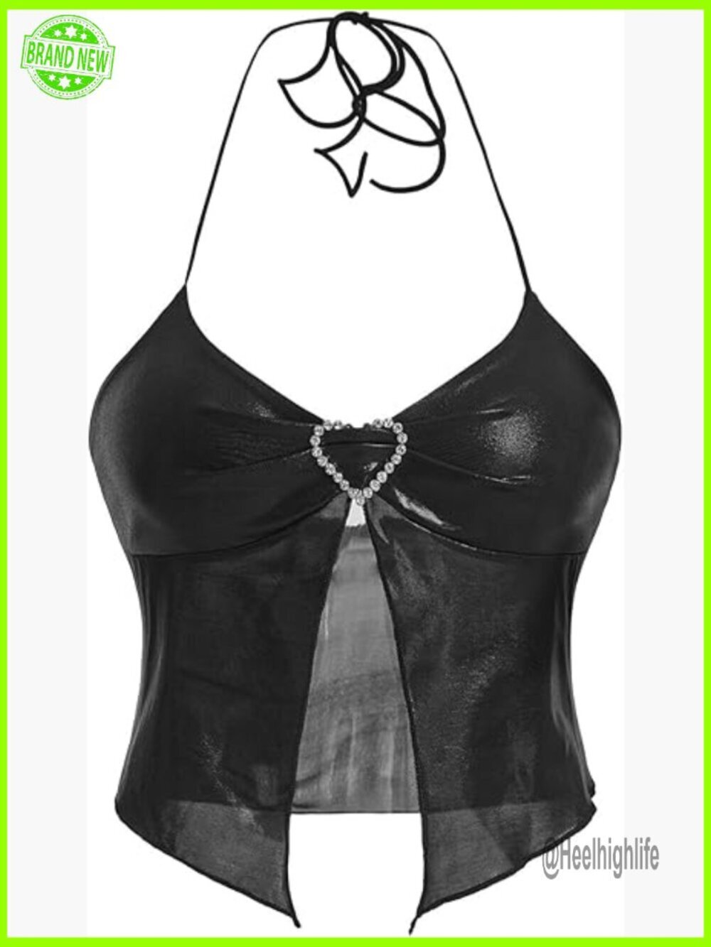Y2K Rhinestone Heart Backless Ruched Cami Crop Halter Top